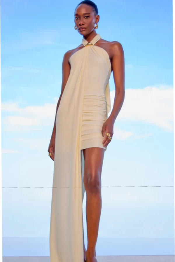 Vestido corto asimétrico fruncido Lança Perfume con lazo lateral