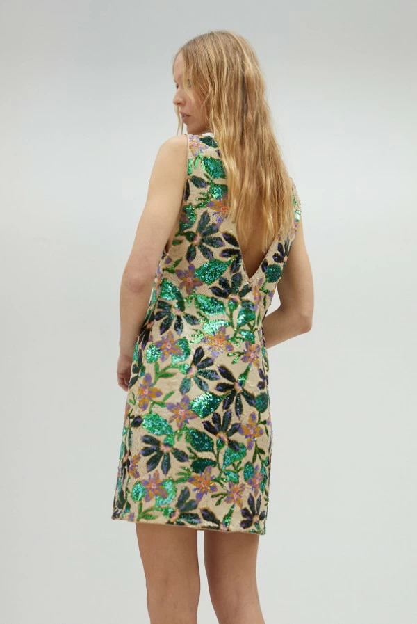 Vestido corto de lentejuelas floral con escote en pico lola casademunt