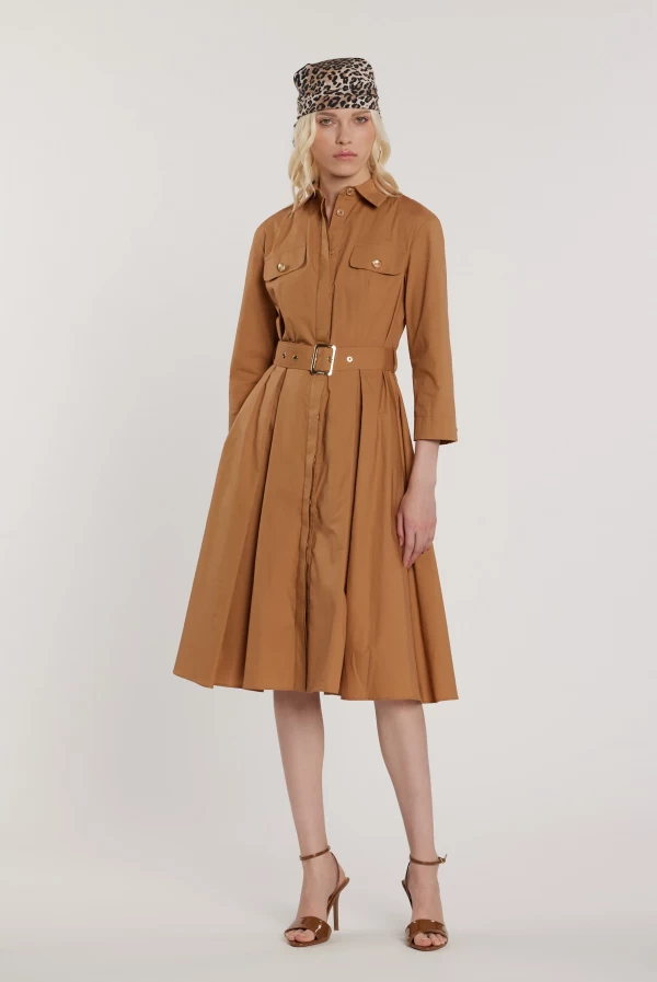 Vestido LAETITIA midi camisero camel con cinturon