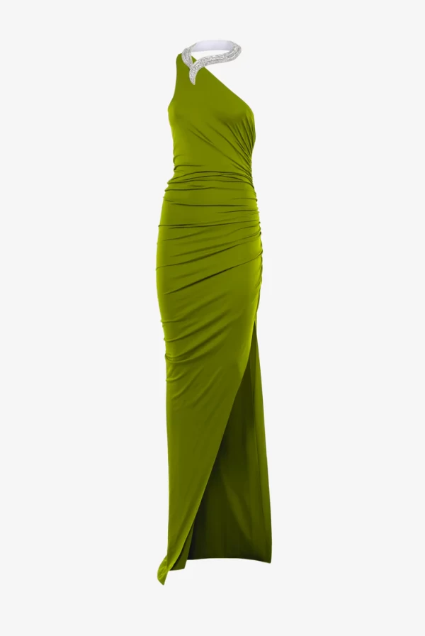 Vestido Largo Asimétrico Verde de Jersey con Cierre Joya color verde