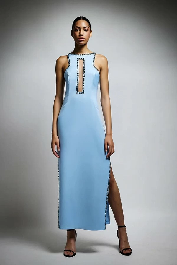 Vestido Largo Azul Claro con Tachas Plata