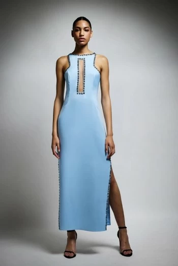 Vestido Largo Azul Claro con Tachas Plata