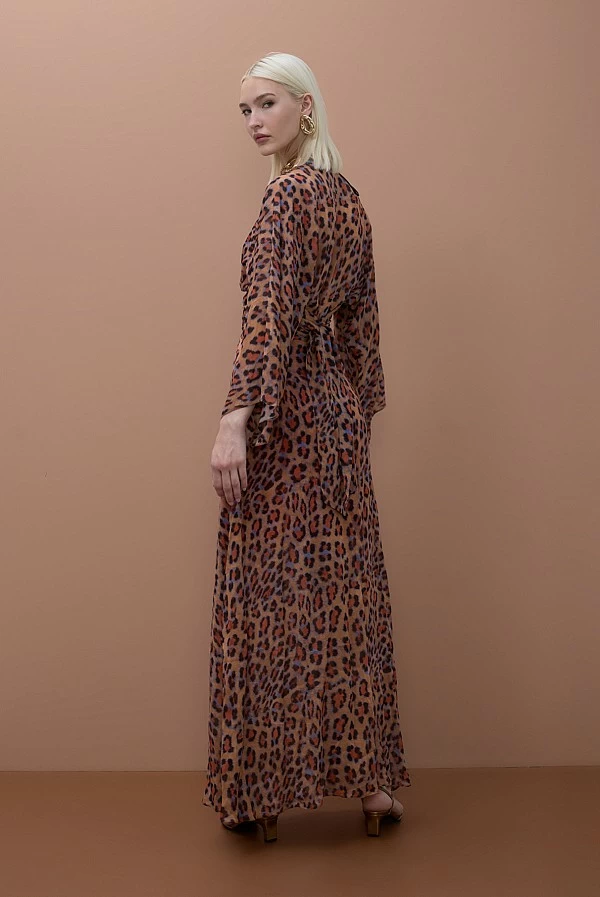 Vestido Largo con Estampado Animal y Cinturón