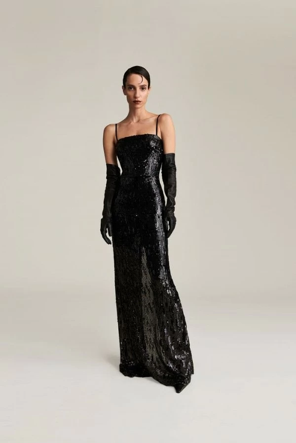 Vestido largo de lentejuelas plata con escote cuadrado – Aniye By Vestido largo de lentejuelas plata con escote cuadrado – Aniye By