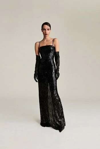 Vestido largo de lentejuelas plata con escote cuadrado – Aniye By