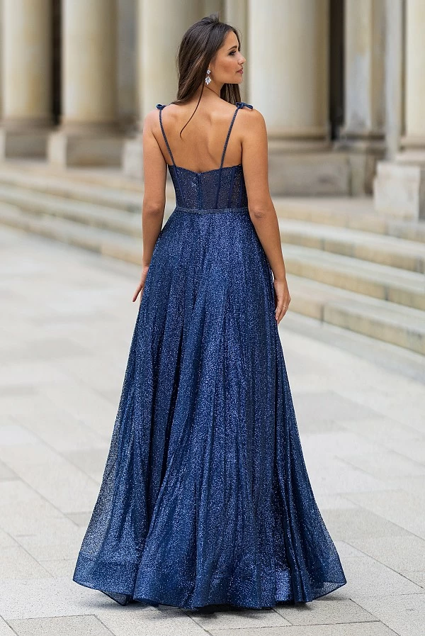 vestido largo escote corazon brillante azul marino crhistian koehlert