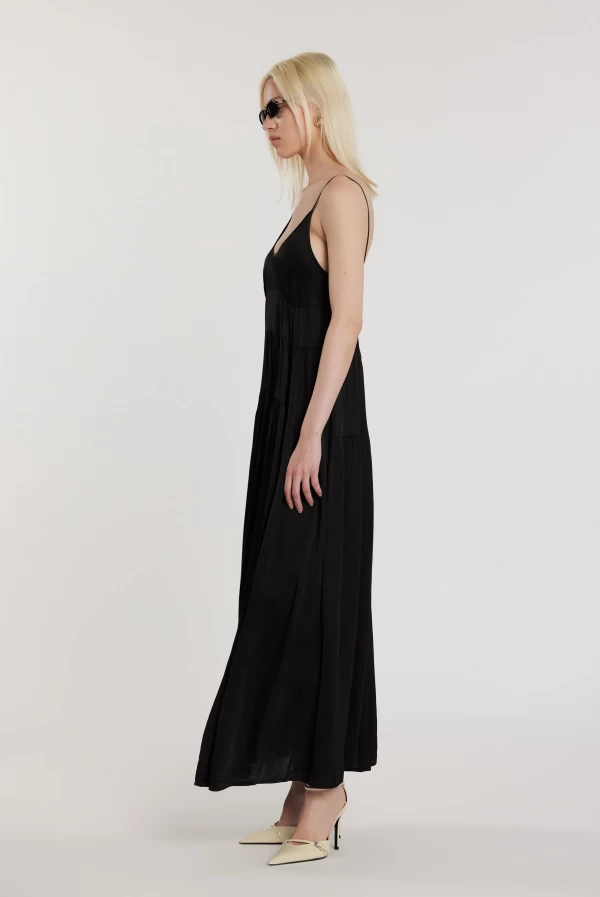 Vestido Largo MANNYS con Fruncido y Volantes en Raso