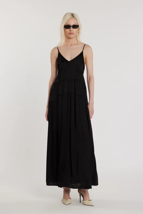 Vestido Largo MANNYS con Fruncido y Volantes en Raso