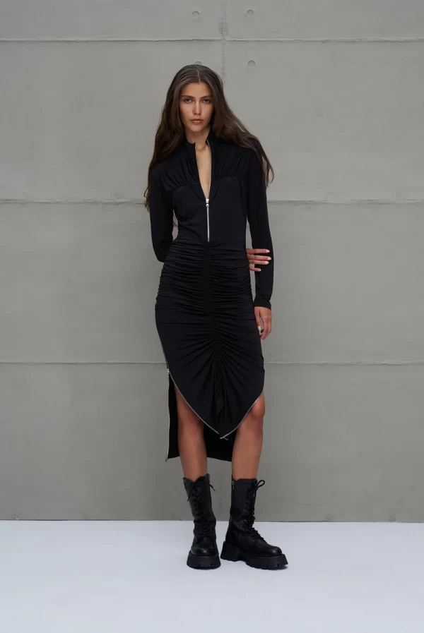 Vestido Largo Negro Drapeado con Cremallera – VDR Via de la Rose