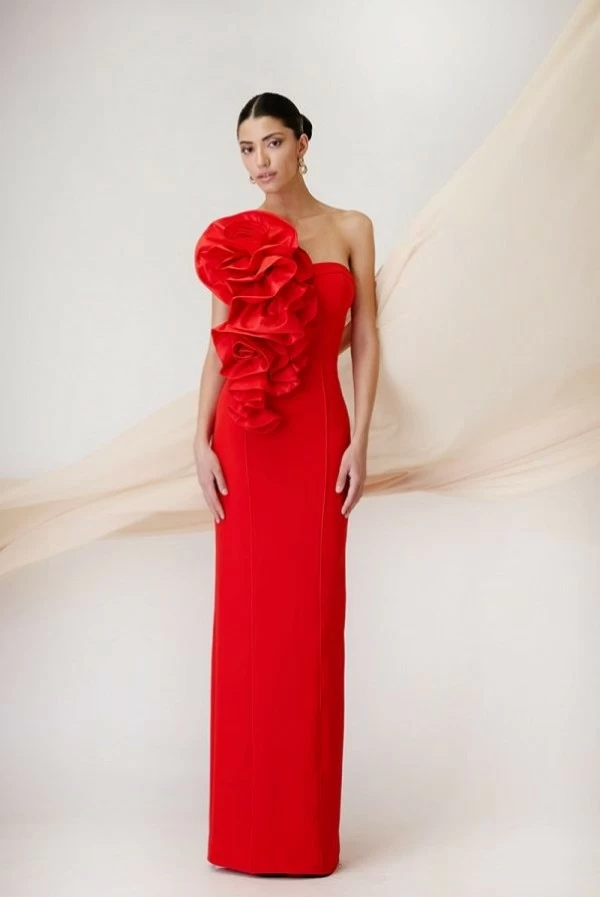 Vestido Largo Rojo con Flores Maestri