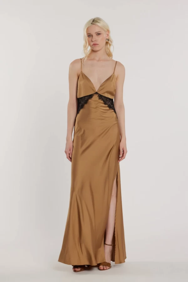 Vestido largo sin mangas KEIRA con inserciones de encaje y abertura