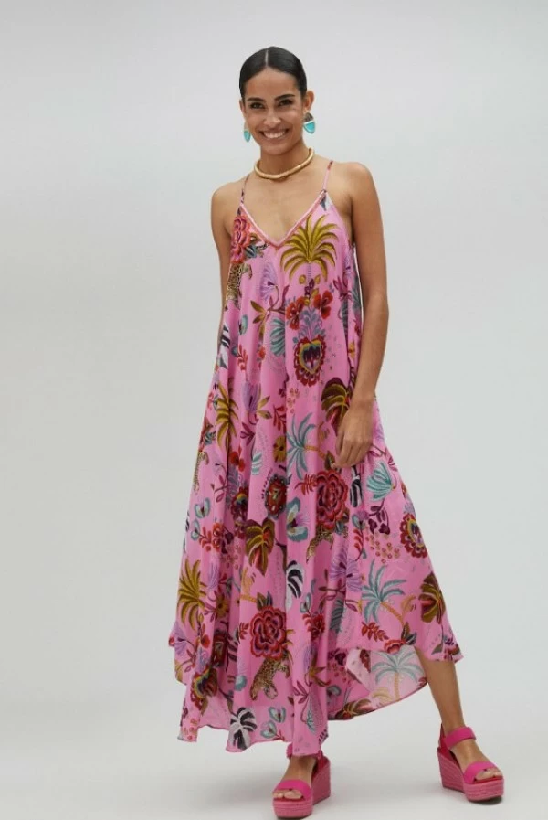 Vestido largo tropical con escote en pico y pedrería lola casademunt