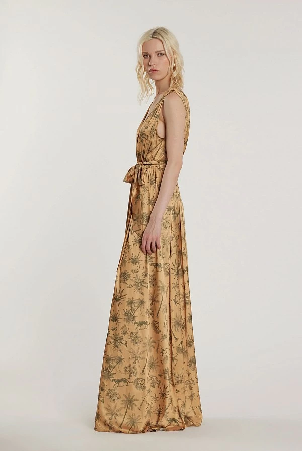 Vestido Largo Tropical con Escote Profundo y Cinturón