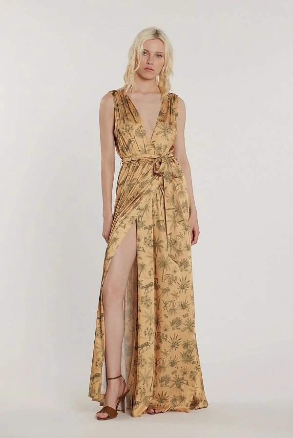 Vestido Largo Tropical con Escote Profundo y Cinturón