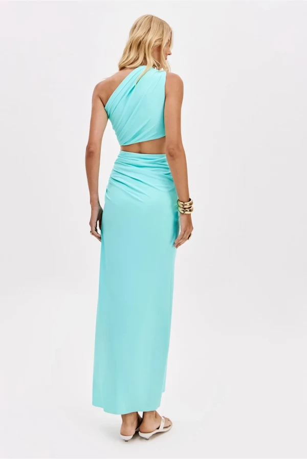 Vestido largo turquesa Lança Perfume en licra con escote asimétrico