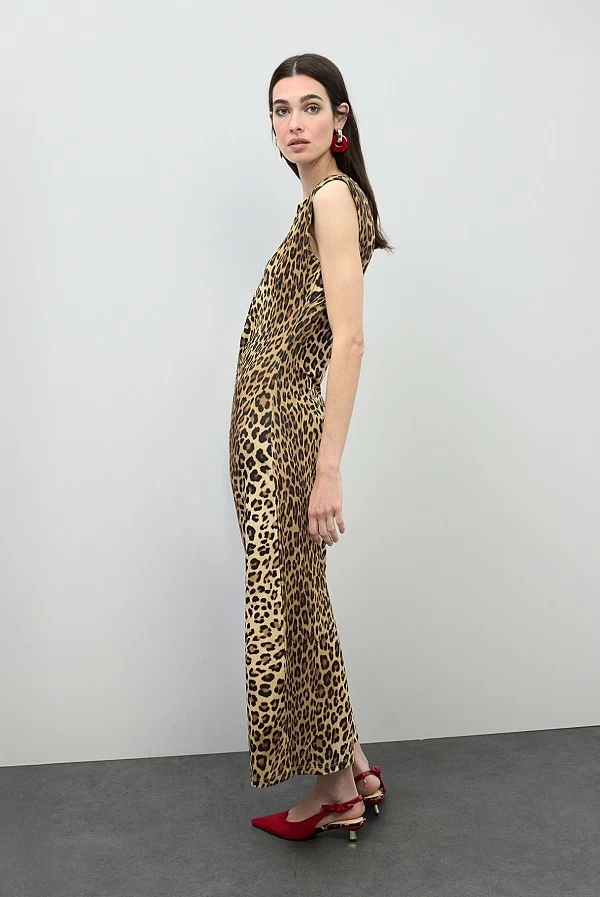 Vestido Midi Ajustado con Estampado Animal y Drapeado