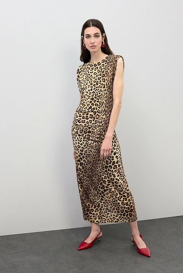 Vestido Midi Ajustado con Estampado Animal y Drapeado