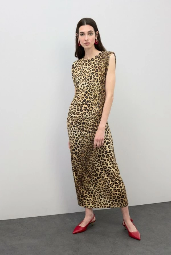 Vestido Midi Ajustado con Estampado Animal y Drapeado