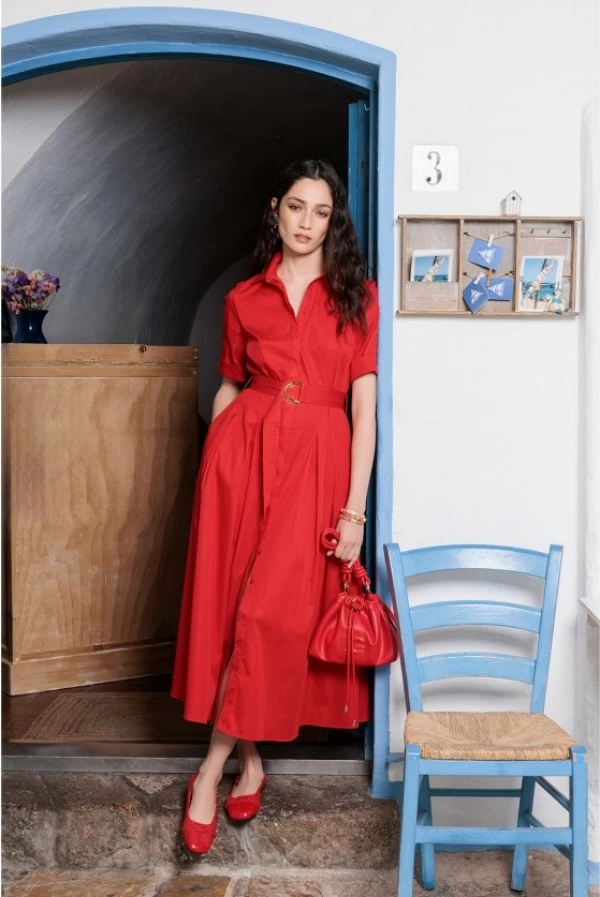 Vestido Midi con Falda Evasé y Cinturón Ajustable