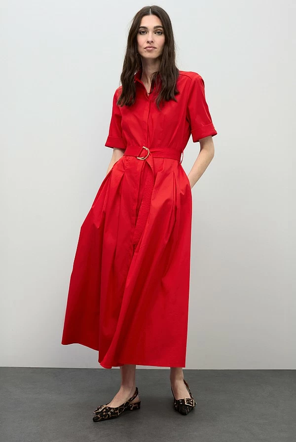 Vestido Midi con Falda Evasé y Cinturón Ajustable