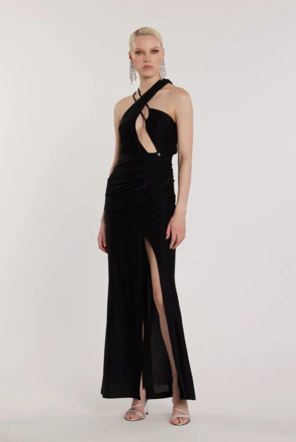 Vestido overnight largo lurex negro.