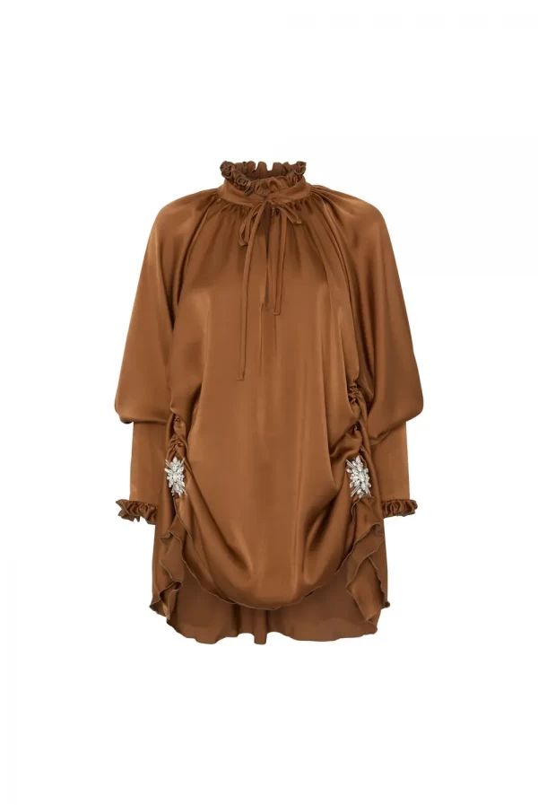 Vestido Tete by Odette con fruncidos y detalles joya en tono caramelo Vestido Tete by Odette con fruncidos y detalles joya en tono caramelo